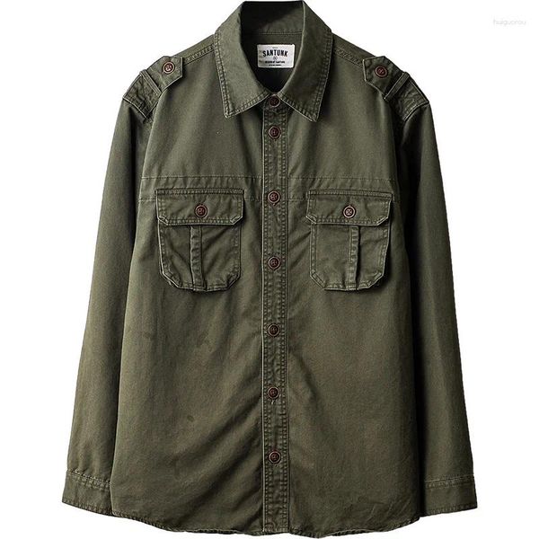 Chemises décontractées pour hommes Chemise lavée en détresse Coupe ample Style de camping en plein air militaire Automne Printemps