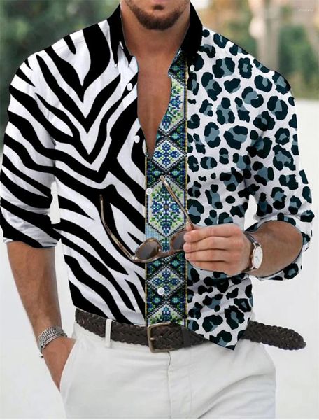 Camisas casuales para hombres Camisa con estampado de leopardo Patrón de retazos Impreso en 3D Solapa de manga larga con botones a la moda y superior