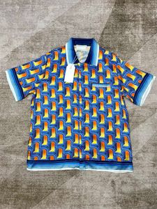 Casual shirts van herenoverhemden 100% zijden stoffen tennisclub tennisracket gestreepte kleurblokken shirt met korte mouwen