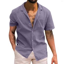 Camisas casuales para hombres Camisa de manga corta Ropa de calle Botón de solapa Mezcla de algodón de color sólido Púrpura para hombres Blusa de vacaciones vintage