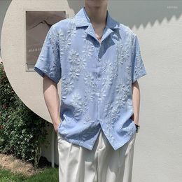 Casual shirts voor heren met korte mouwen bloem jacquard mannen shirt mode Koreaanse v-hals losse mannelijke bloemen streetwear zomer ropa hombre