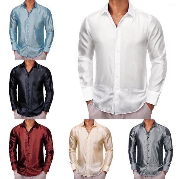 Camisas casuales para hombres Satén de seda para hombres Negro Blanco Rojo Azul Plata Oro Beige Sólido Llano Manga larga Slim Fit Blusas masculinas Tops Barry Wang