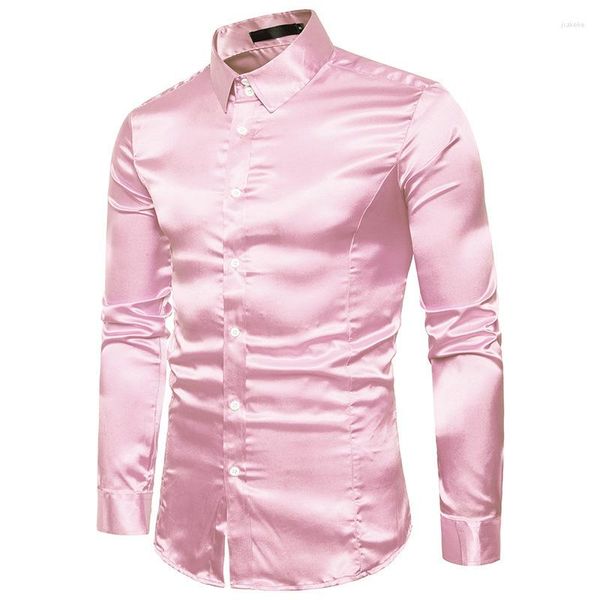 Chemises décontractées pour hommes en satin de soie de luxe chemise rose hommes 2022 marque mince à manches longues smoking mâle mariage Club fête danse bal Camisas