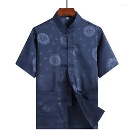 Camisas informales para hombre, camisa de manga corta Tang de satén de seda para hombre, estilo chino, estampado superior clásico, ropa Vintage sencilla de talla grande