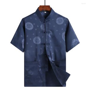 Mannen Casual Shirts Zijde Satijn Tang Heren Shirt Met Korte Mouwen Chinese Stijl Klassieke Top Print Eenvoudige Vintage Kleding Grote Maat