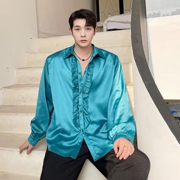 Camisas informales para hombre, diseño de volantes de satén sedoso, camisa gótica Vintage de manga larga, moda coreana, blusas elegantes para hombres y mujeres