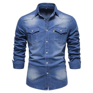 Chemises décontractées pour hommes chemise en jean à boutonnage simple mode d'affaires couleur unie hommes automne chemises minces