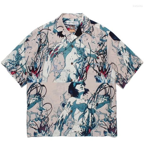 Camisas informales para hombre, camisa de verano con estampado de dibujos animados de Graffiti WACKO MARIA de un solo pecho, camiseta con cuello de solapa hawaiana de calidad para hombres y mujeres