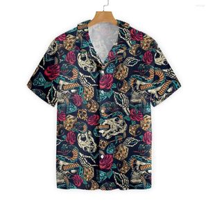 Freizeithemden für Herren, Totenköpfe mit blauen Schlangen und roten Rosen, 3D-Allover-bedrucktes Hawaii-Hemd, Herren für Damen, Harajuku, Unisex