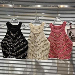 Casual shirts voor heren mouwloze halter geborduurde kralen gebreide tanktop vrouwen kort vest lente zomercollectie yq240417