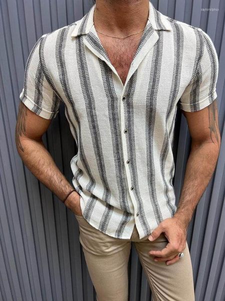 Chemises décontractées pour hommes Coupe ajustée Chemise en coton rayé beige Confortable à la mode Respirant Vêtements d'été