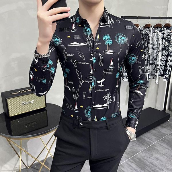 Camisas informales para hombre, camisa de vestir de manga larga ajustada, camisa de primavera para hombre, estilo hawaiano Vintage, estampado Social, negro, moda de lujo, Poleras