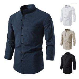 Casual shirts voor heren Slim Fit Solid Color Men's Business Fashion Stand Collar Shirt Single Breasted Long Suids Tops Summer Clothing met lange mouwen