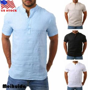 Casual herenoverhemden Slim Fit V-hals Korte mouw Spier-T-shirt Tops Heren Top Katoen Linnen Effen Clothing224R