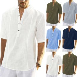 Chemises décontractées pour hommes Smart Hommes Demi-manches Loisirs Vêtements pour hommes Blanc Stand Col Boutons Coton Lin Chemise Homme Top Roupas Feminina