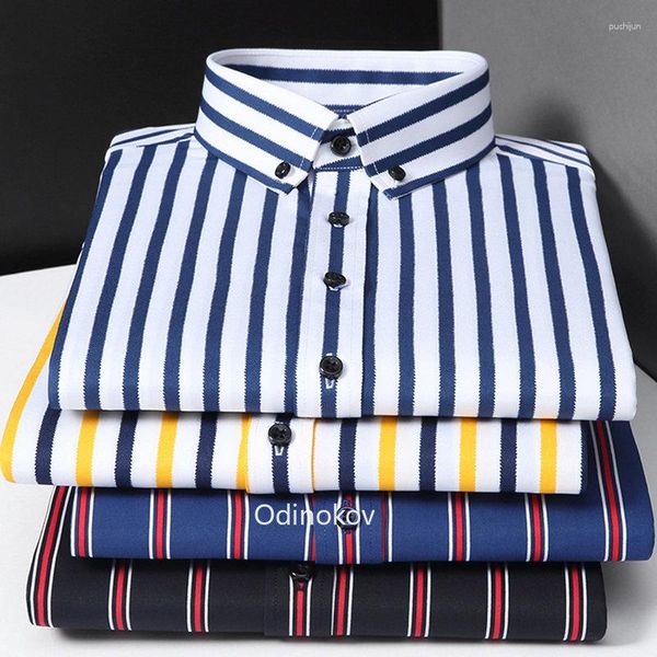 Camisas casuales para hombres Camisa con botones juvenil de ajuste estándar de manga larga a rayas suaves y elásticas que no necesitan planchado