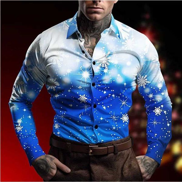 Chemises décontractées pour hommes Chemise décontractée pour hommes de flocon de neige Chemise de Noël décontractée en automne et en hiver à long traîneau bleu XS-6XL chemise en tissu extensible dans les quatre sensC24315