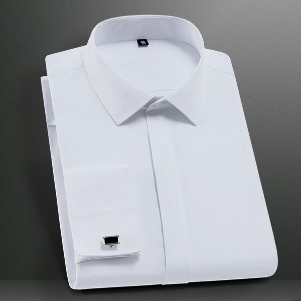 Camisas casuales para hombres Camisa de vestir con puños franceses clásicos sólidos Tapeta cubierta de manga larga Negocios formales Ajuste estándar Trabajo de oficina Blanco 230209
