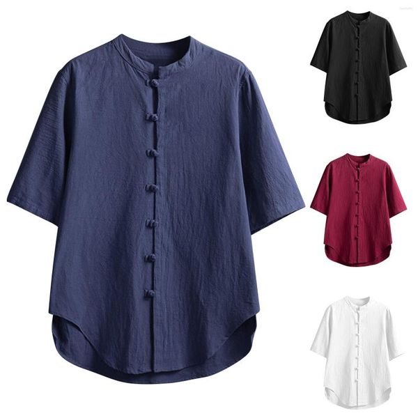 Camisas informales para hombre, camisa con botones de Color sólido, traje Tang tradicional literario, Kimono japonés de manga corta, ropa samurái, chaqueta Yukata