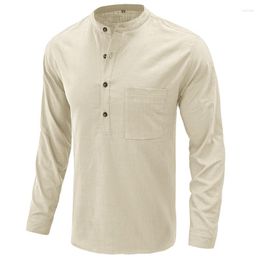 Heren casual overhemden effen kleur katoenen linnen overhemd heren trendy Henry kraag kwaliteit blouse met lange mouwen enkele zak tops kleding