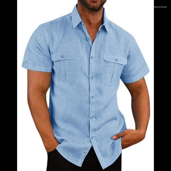 Chemises décontractées pour hommes Couleur unie Coton Lin Lâche pour hommes Été Manches courtes Poche Design Chemise Blouse Mode Vacances Top