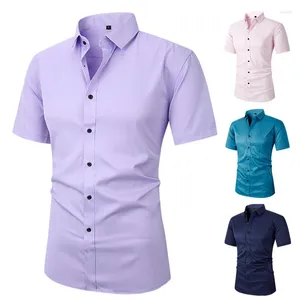 Chemises décontractées pour hommes Couleur continue élastique à manches courtes Shirt Summer Business Easy Care rikink Work Free Slim Button Top