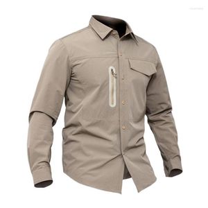 Camisas informales para hombre, Top elástico de Color sólido, camisa militar de manga larga, combate de viaje al aire libre, secado rápido, táctico transpirable