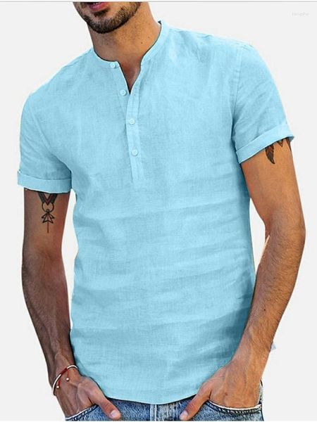 Chemises décontractées pour hommes Couleur unie Hommes Mode Col montant Coton Lin Tops Manches courtes Été Blanc Rose Chemise Homme