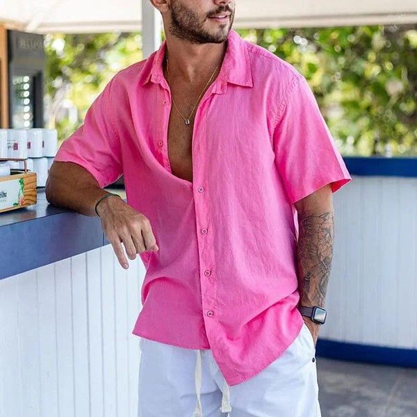 Chemises décontractées pour hommes Couleur unie Rose pour hommes Mode d'été Lâche Chemise en lin de coton Vêtements pour hommes Bouton-up Revers Tops à manches courtes