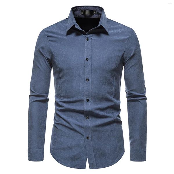 Chemises décontractées pour hommes, couleur unie, col rabattu, manches longues, Slim, poche à boutons, haut de travail, vêtements pour hommes, printemps automne