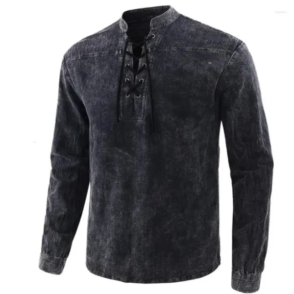 Camisas casuales para hombres Color sólido Vintage Manga larga para hombres Otoño Stand Collar Camisa suelta Blusa Moda Lace Up Retro T