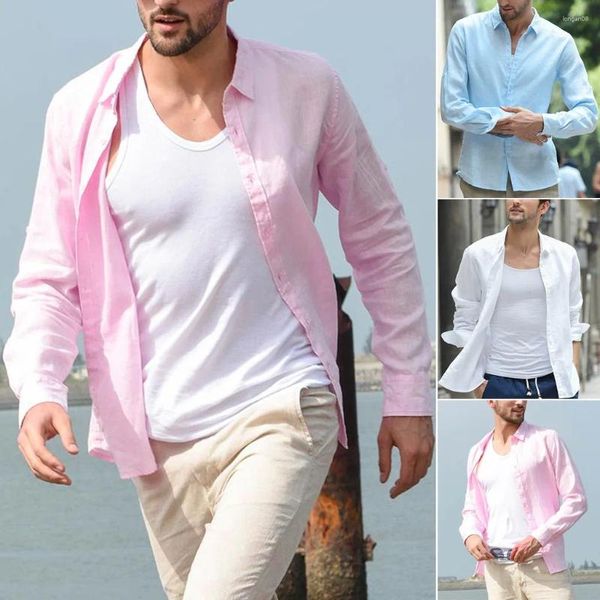 Chemises décontractées pour hommes Solide à manches longues Baggy Chemise Rose Bouton Rétro Collier Henley Blouses Harajuku Coréen Pull Tops Mâle