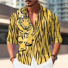 Camisas casuais masculinas sólido tigre impressão padrão polo pescoço camisa designer de moda rua manga longa superior confortável material macio 2023