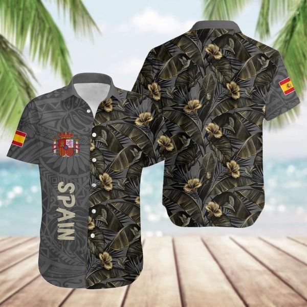 Camisas casuales para hombres Bandera de España Gráfico para hombres Ropa Playa hawaiana Mapa español Emblema nacional Blusas Vacaciones Manga corta