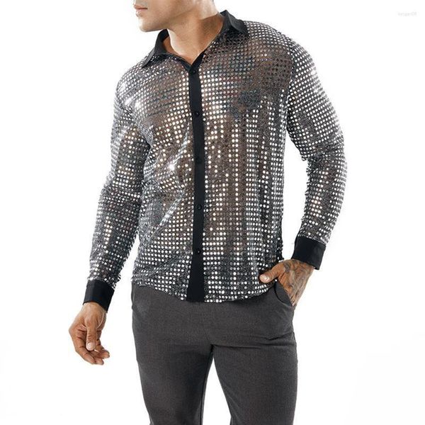 Chemises décontractées pour hommes, paillettes scintillantes, fête, danse, mode, col à revers, manches longues, rétro années 70, chemise de scène Disco, hauts vêtements