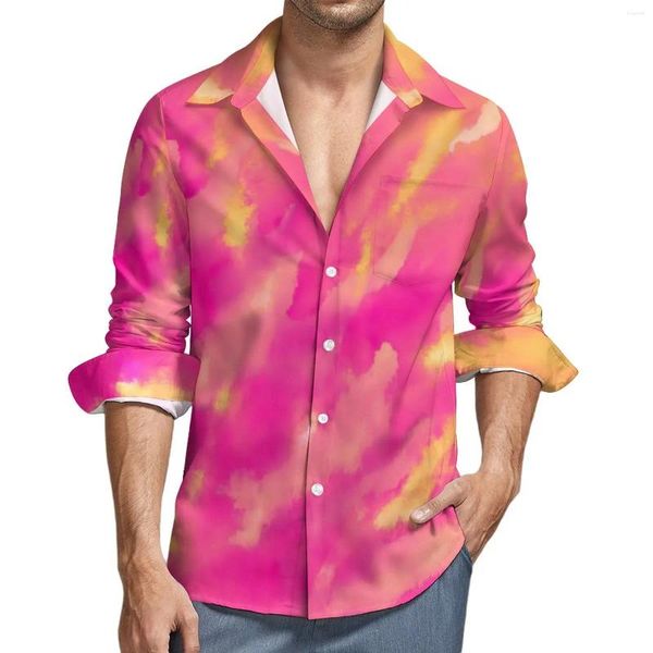 Camisas casuales para hombres Espiral Tie Dye Streetwear Camisa Hombres Rosa y Amarillo Otoño Moda Blusas Diseño de manga larga Ropa de gran tamaño