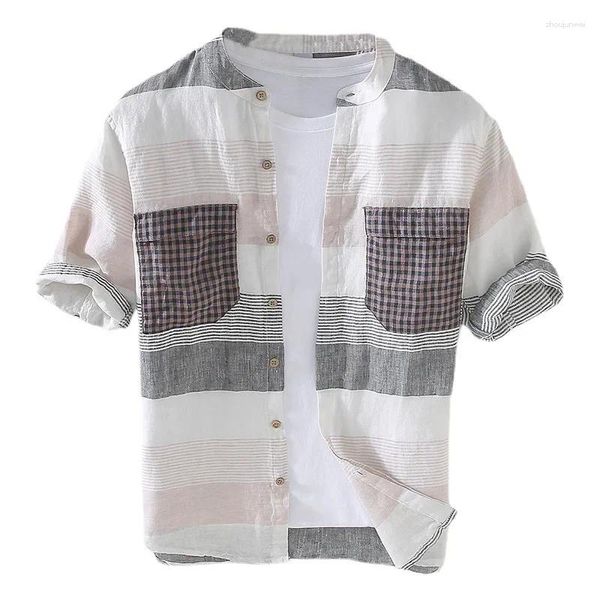 Camisas casuales para hombres Camisa de lino en contraste empalmada para el verano Thin Pure Transpirable Japonés Vintage Sensación de gama alta