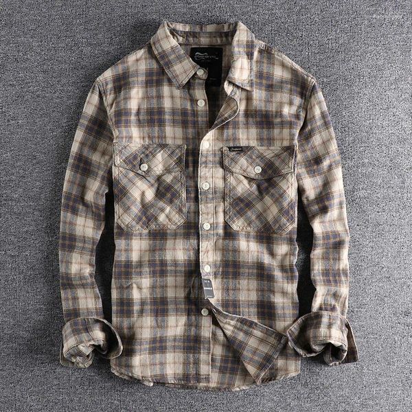 Chemises décontractées pour hommes printemps américain rétro à manches longues revers tissu brossé chemise à carreaux mode coton lavé chemisiers amples