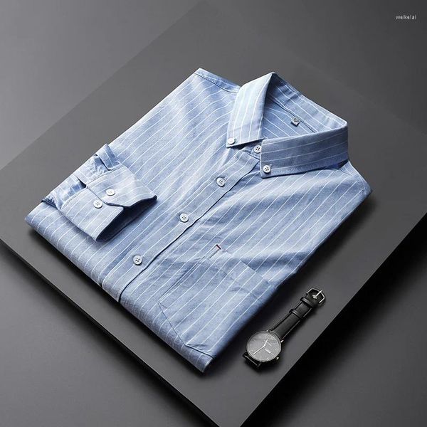 Chemises décontractées pour hommes printemps et automne tissu Oxford pur coton rayé chemise à manches longues affaires sans repassage (grande taille surdimensionnée)