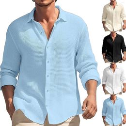 Camisas casuais masculinas primavera e outono cor sólida camisa de manga comprida casa lazer moda flip tee para homem pescoço manga