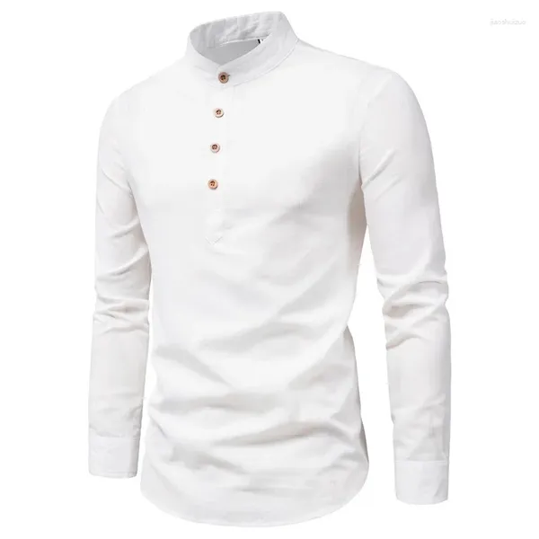 Chemises décontractées pour hommes Spring and Summer Cotton Linage à manches longues Couleur solide Collier debout Base blanche