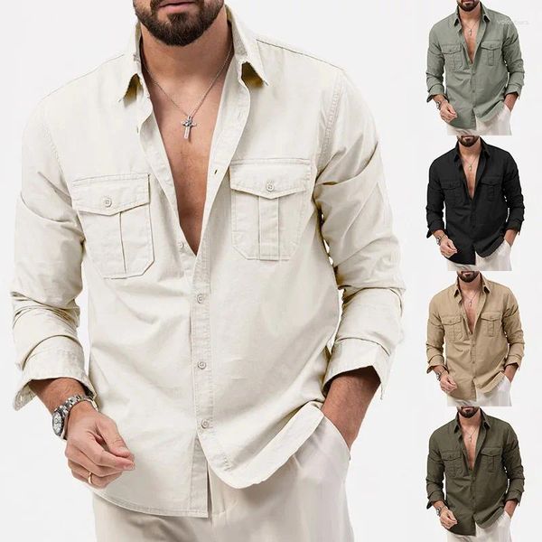 Camisas casuales para hombres Primavera Otoño Doble bolsillo Camisa de manga larga Turn Collar Business Social para hombres Chaqueta Abrigo