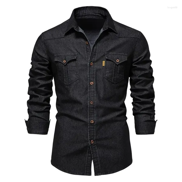 Chemises décontractées pour hommes Printemps Automne Coton élastique Denim Chemise Hommes Manches longues Qualité Cowboy pour Slim Fit Mens Designer Vêtements