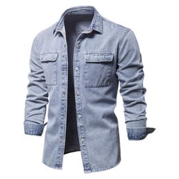 Camisas casuales de los hombres Primavera otoño Camisa de mezclilla de alta calidad Hombres Casual Manga larga Ajuste Solapa Personalidad Bolsillo Negro Azul camisa lavada más el tamaño 3XL 230322