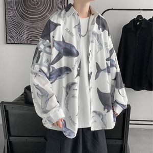 Men's Casual Shirts Spring Autumn Long Men Whale Letter Printing Hip Hop Fashion Tops Turn Down Black White Man