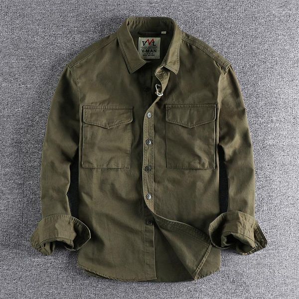 Camisas casuales para hombres Primavera Otoño Masculino Retro Chaqueta de carga Lona Algodón Trabajo militar Safari Estilo Mens Classic Tops