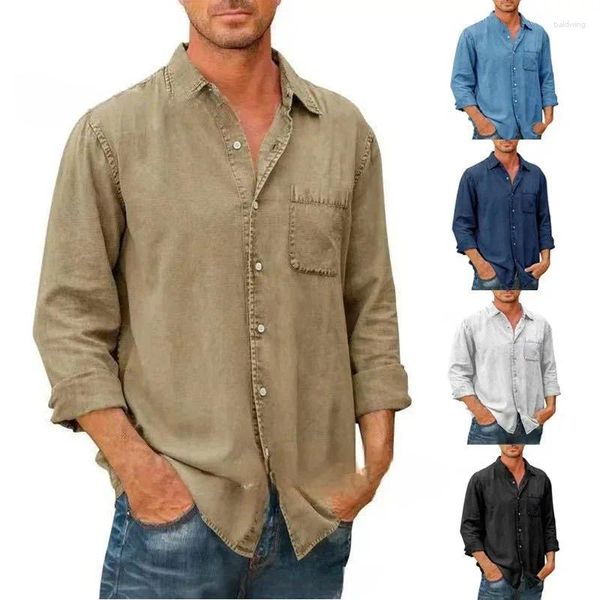 Camisas casuales para hombres Primavera Otoño Hombre Denim Manga larga Botón Abajo Camisa de bolsillo Retro Trabajo Masculino Slim Fit Color Sólido Tops de moda