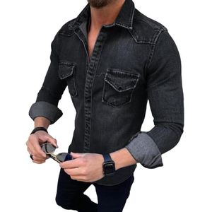 Chemises décontractées pour hommes Spring Automne Mens Jeans Chemise à manches longues Denim pour hommes Coton doux Deux poches Slim Chemise élastique 2023Men's