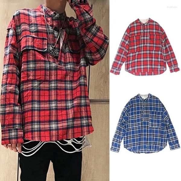 Camisas casuales para hombres Primavera Otoño Camisa a cuadros Moda con cuello en V Manga larga Frente corto Diseño trasero Camiseta Hip Hop Paño