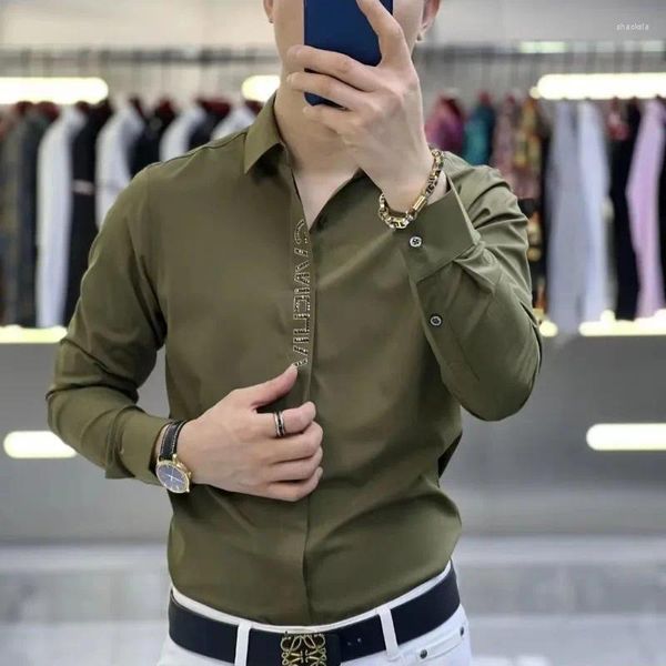 Camisas Casuales para Hombres Primavera Otoño Color Sólido Cárdigan Botón Cubierto Cuello Cuadrado Camisa De Diamantes Manga Larga Moda Slim Guapo Tops